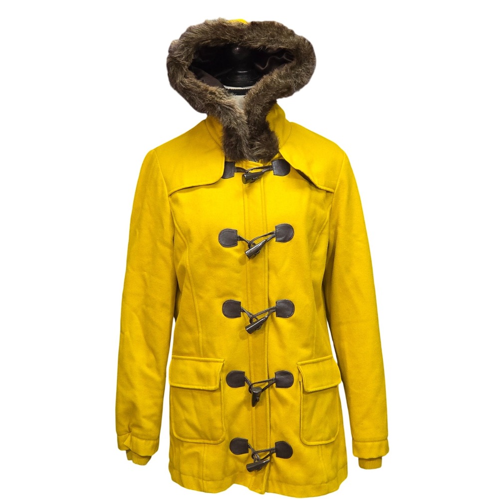 Duffle Coat Womens Medium‎ Yellow Wool Toggle Faux Fur Cabincore Paddington F21